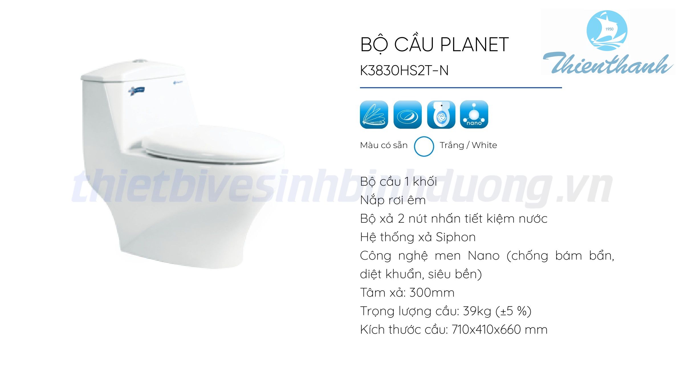Bồn cầu Thiên Thanh PLANET K3830HS2T-N